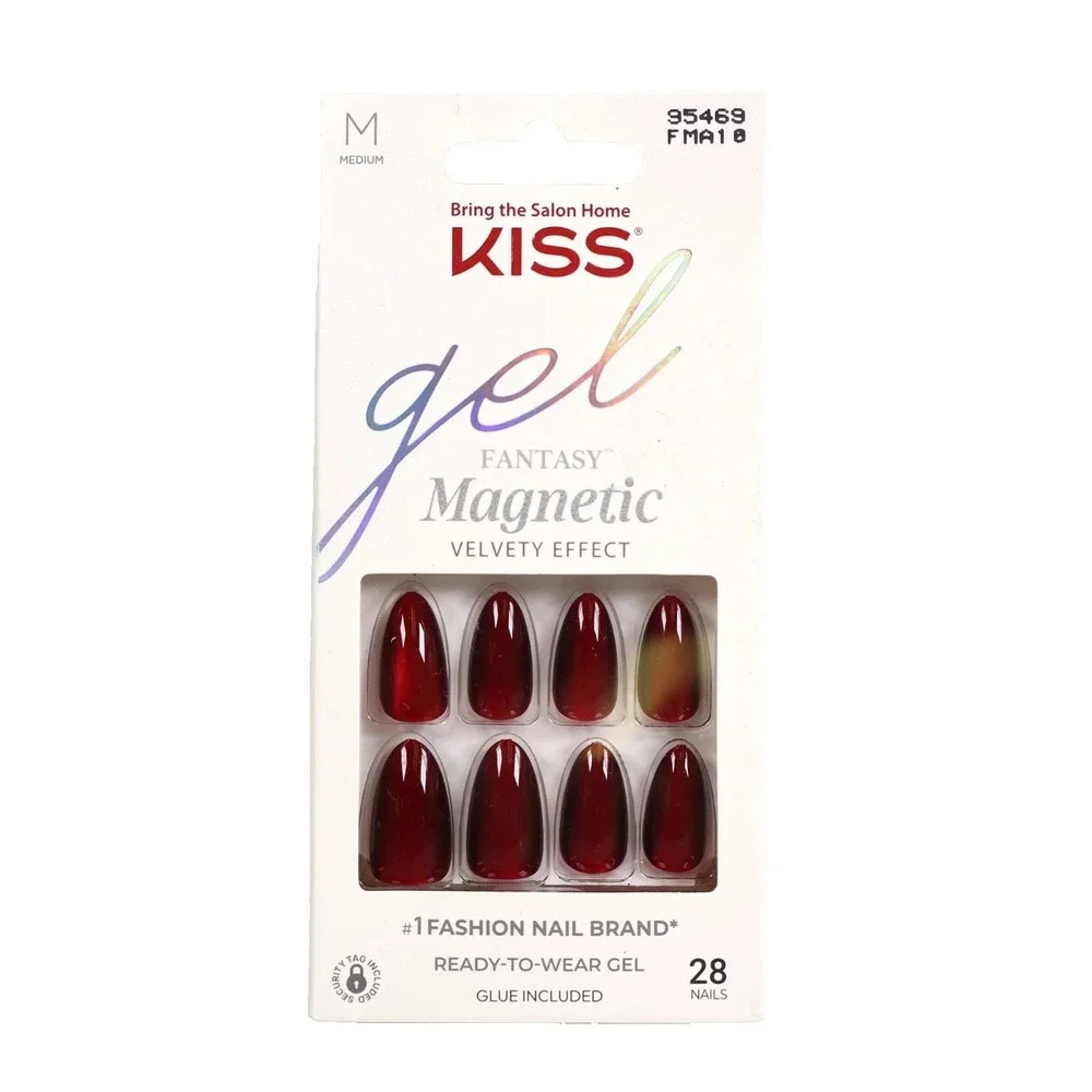KISS Gel Fantasy Magnetic Press On Nails Almond, Solid Red, Medium 95469